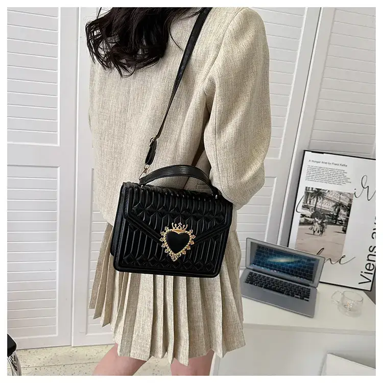 Women's Brown Quilted Shoulder Crossbody Bag with Heart Charm — feature 17