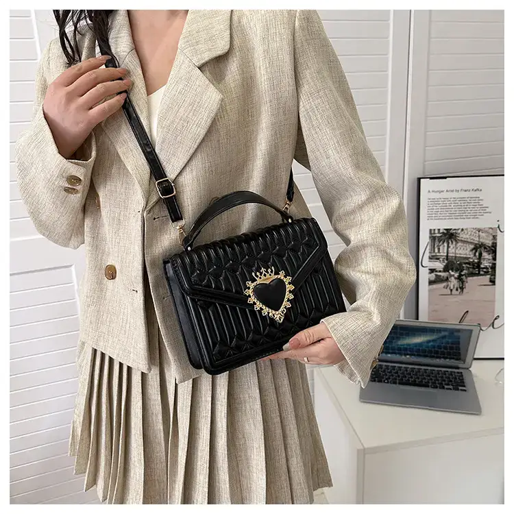 Women's Brown Quilted Shoulder Crossbody Bag with Heart Charm — feature 19