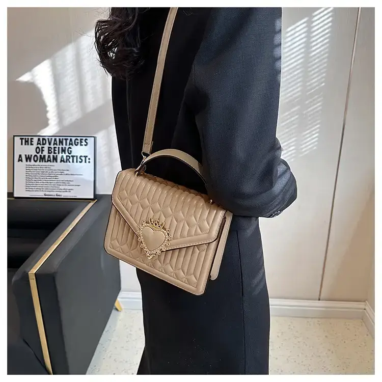 Women's Brown Quilted Shoulder Crossbody Bag with Heart Charm — feature 29