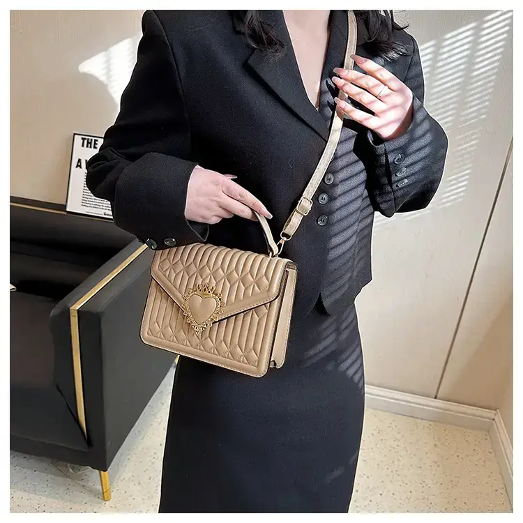Women's Brown Quilted Shoulder Crossbody Bag with Heart Charm — feature 32