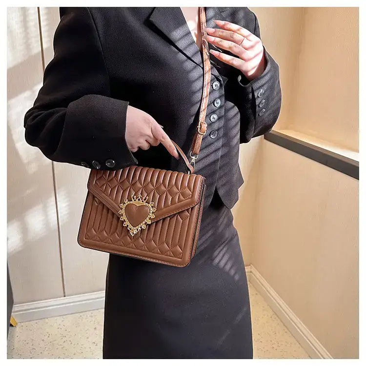 Women's Brown Quilted Shoulder Crossbody Bag with Heart Charm — feature 34