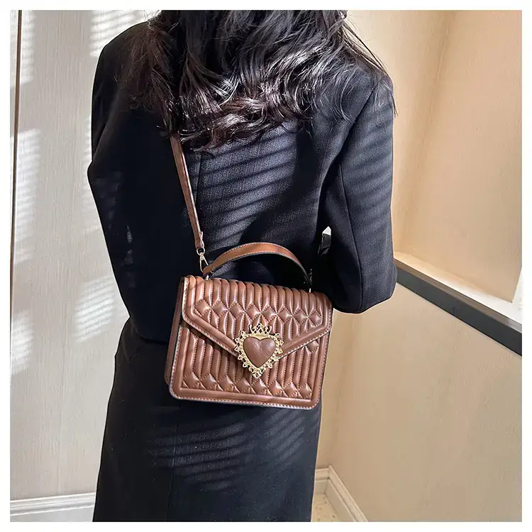 Women's Brown Quilted Shoulder Crossbody Bag with Heart Charm — feature 35