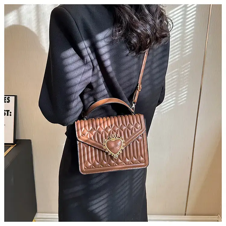Women's Brown Quilted Shoulder Crossbody Bag with Heart Charm — feature 36