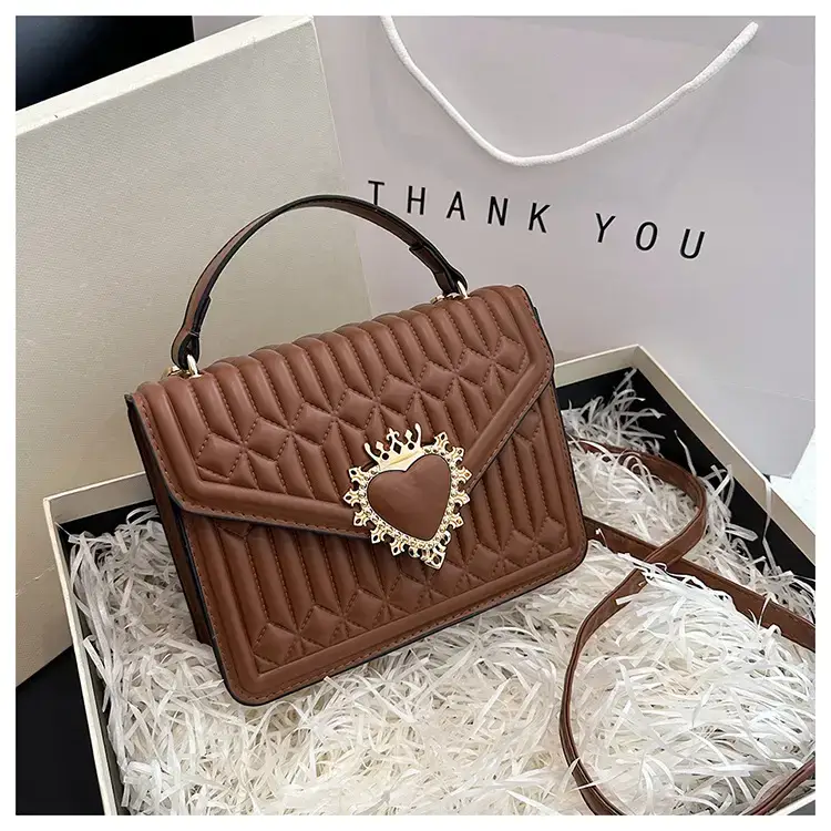 Women's Brown Quilted Shoulder Crossbody Bag with Heart Charm - Image 4