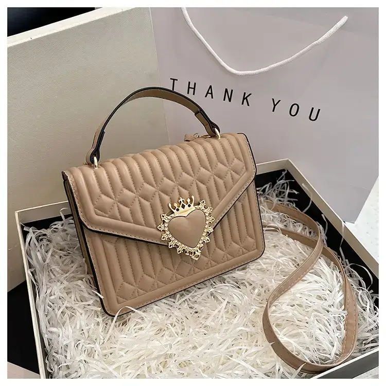 Women's Brown Quilted Shoulder Crossbody Bag with Heart Charm - Image 5