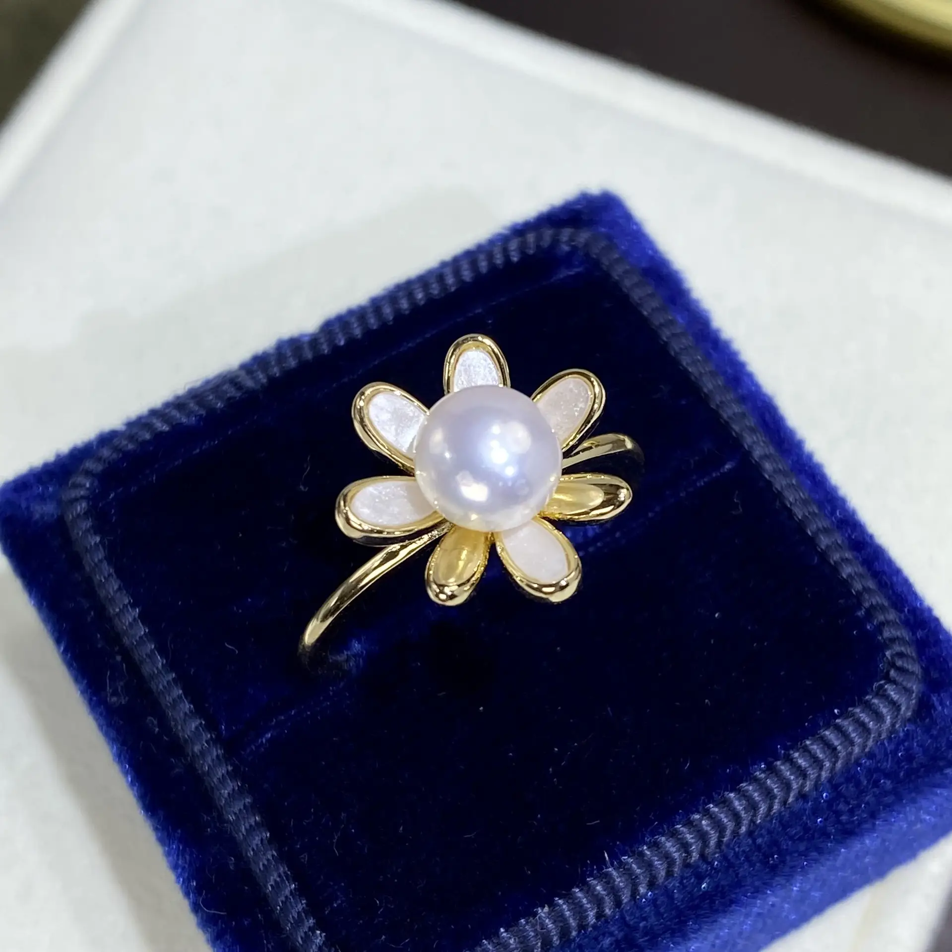 Women's Adjustable Pearl Flower Rings Set of 6 - Image 2