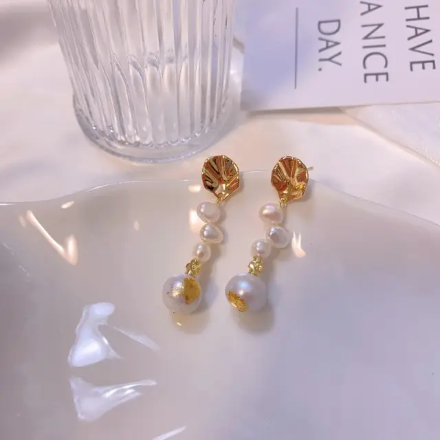 Elegant Gold Foil Pearl Earrings for Women - Image 2