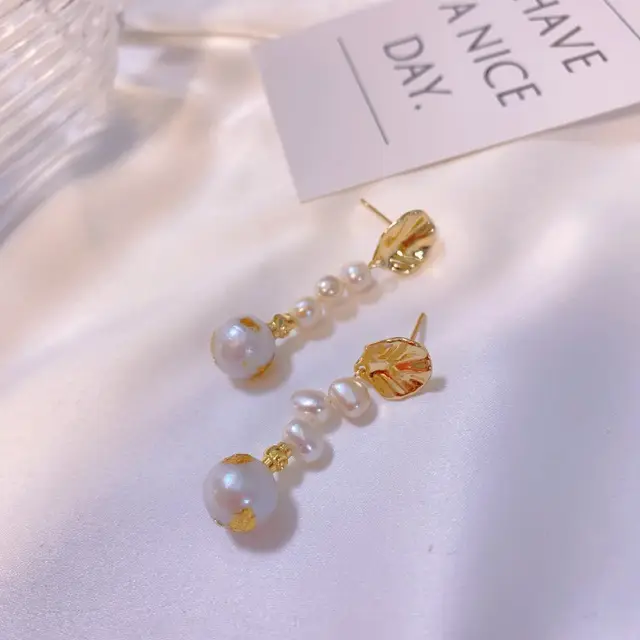 Elegant Gold Foil Pearl Earrings for Women - Image 3