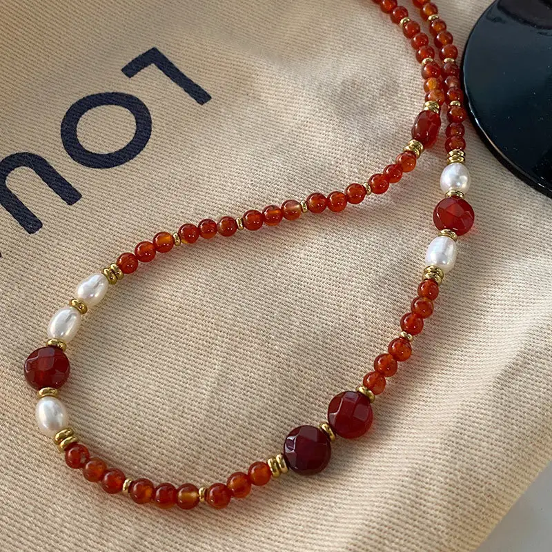 Dunhuang New Chinese Style Necklace Women's Beaded Natural Stone Agate High-grade Woolen Chain Red Stacked Antique Clavicle Chain - Image 7