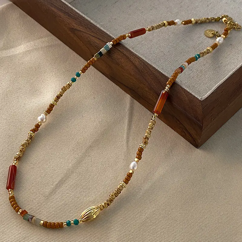 Dunhuang New Chinese Style Necklace Women's Beaded Natural Stone Agate High-grade Woolen Chain Red Stacked Antique Clavicle Chain - Image 8