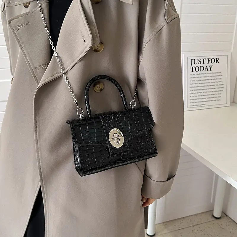 Black Croc Leather Chain Shoulder Bag for Women 2023 - Image 4