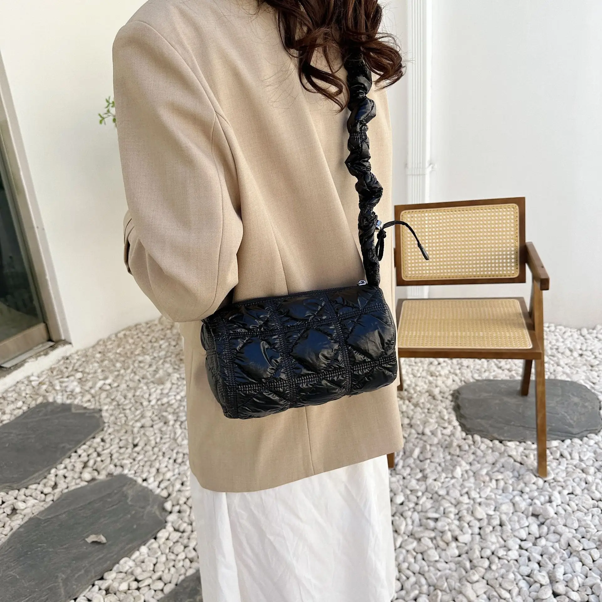 Black Quilted Shoulder Bag with Braided Handle - Image 3