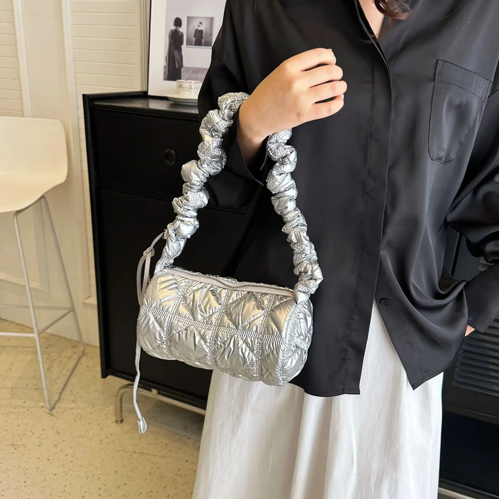Black Quilted Shoulder Bag with Braided Handle - Image 4