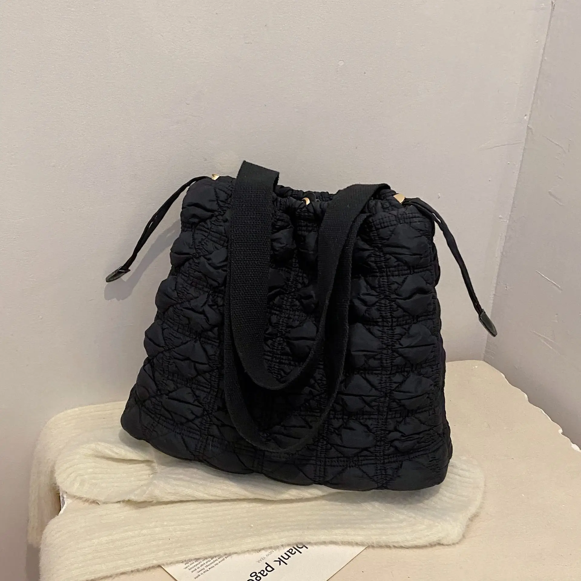 Blue Velvet Pleated Drawstring Bubble Bag for Women - Image 2