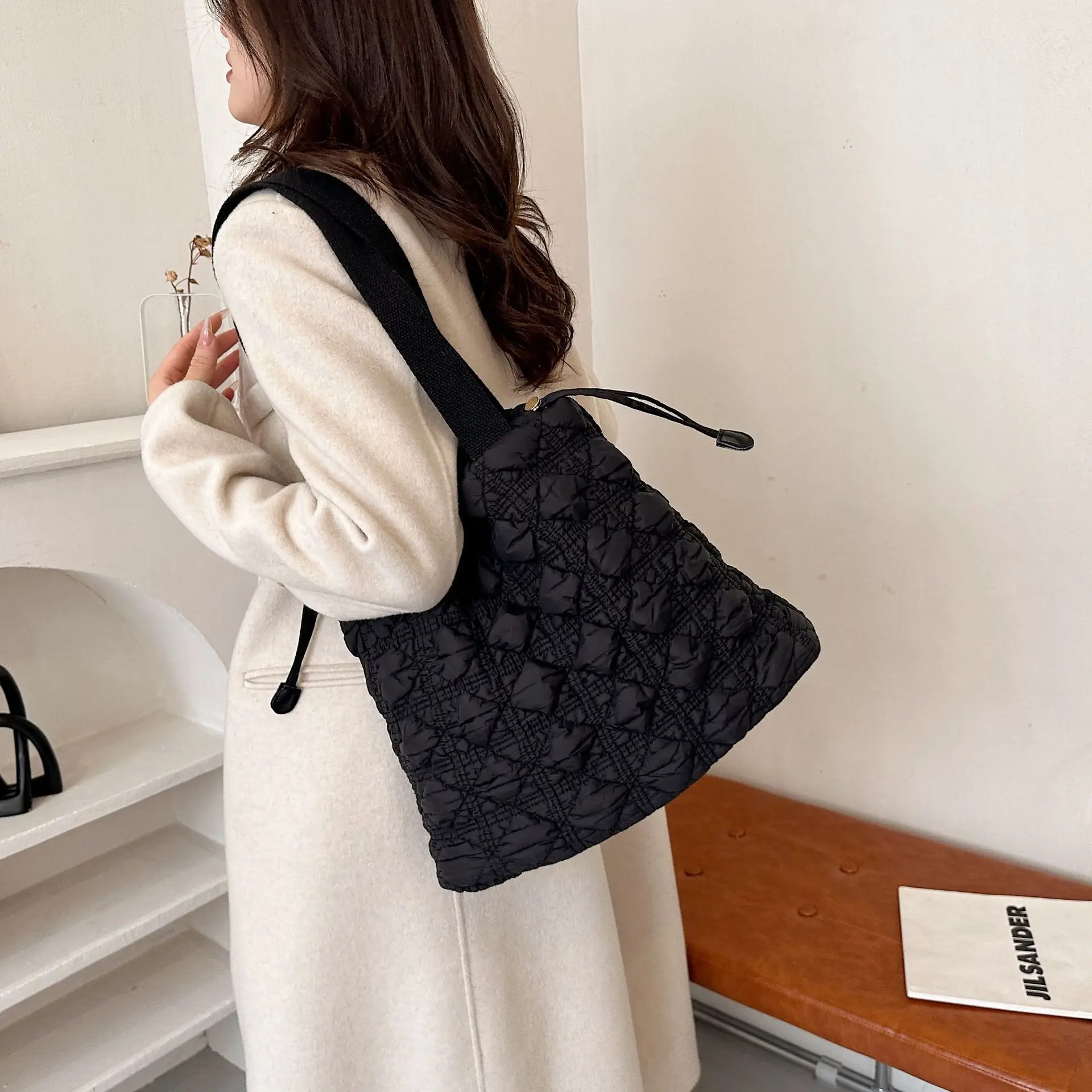 Blue Velvet Pleated Drawstring Bubble Bag for Women - Image 4