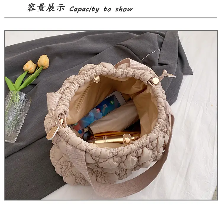 Blue Velvet Pleated Drawstring Bubble Bag for Women — feature 13