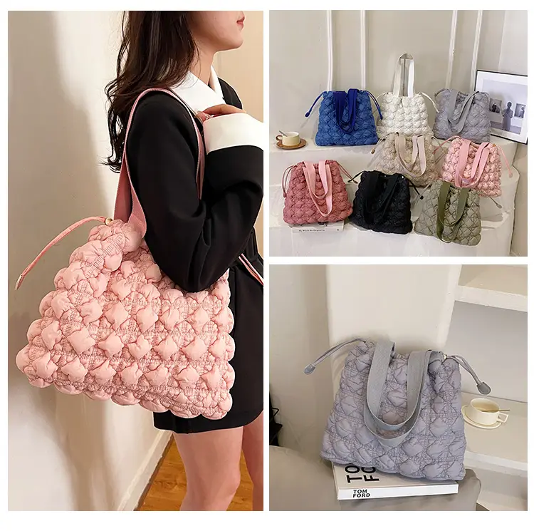 Blue Velvet Pleated Drawstring Bubble Bag for Women — feature 17