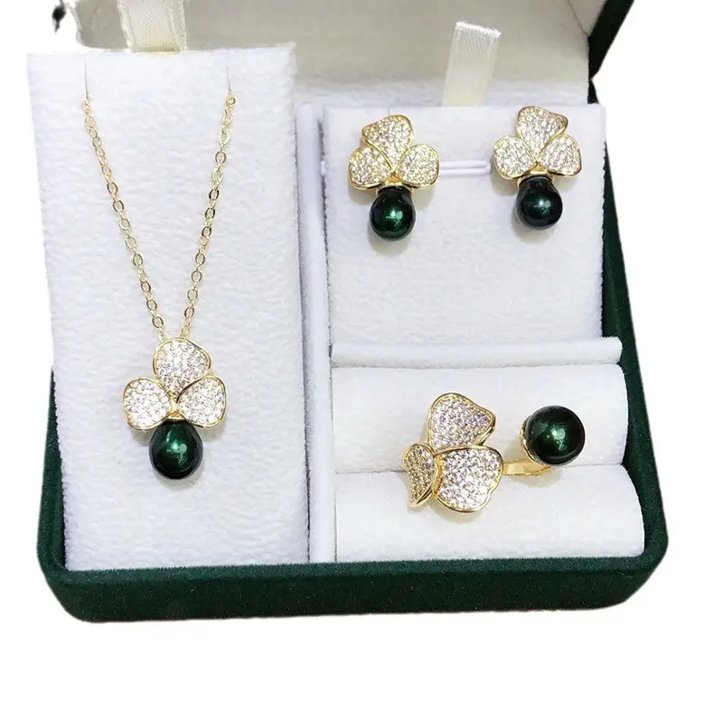 Women's Pearl Earrings Ring Necklace Set Gold Plated - Image 8