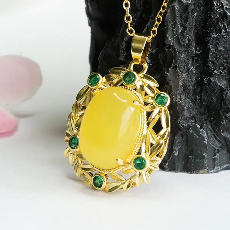 Guan Yu Amber Pendant Necklace Ethnic Gold Green Stones - Image 3