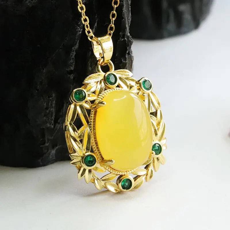 Guan Yu Amber Pendant Necklace Ethnic Gold Green Stones - Image 4