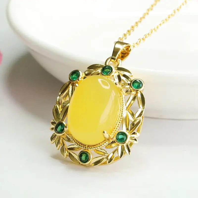 Guan Yu Amber Pendant Necklace Ethnic Gold Green Stones - Image 5