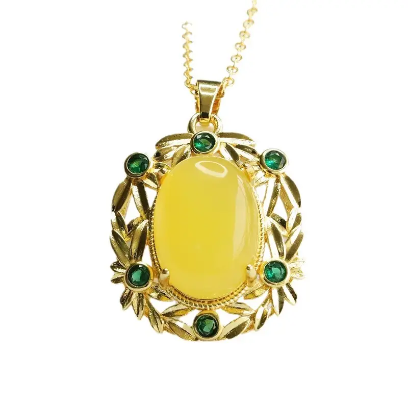 Guan Yu Amber Pendant Necklace Ethnic Gold Green Stones - Image 6