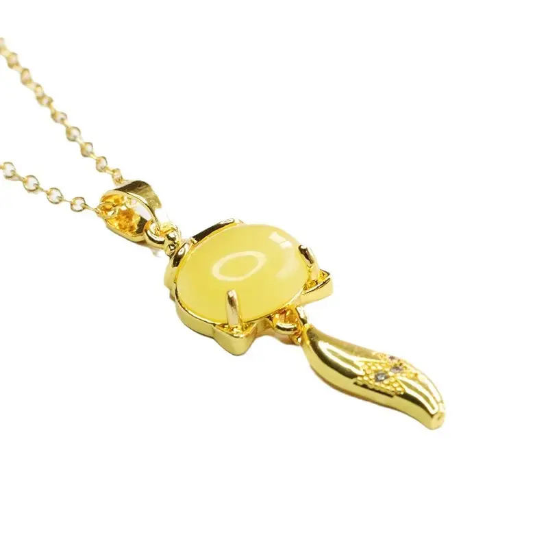 Natural Amber Fox Pendant Necklace Ethnic Gold