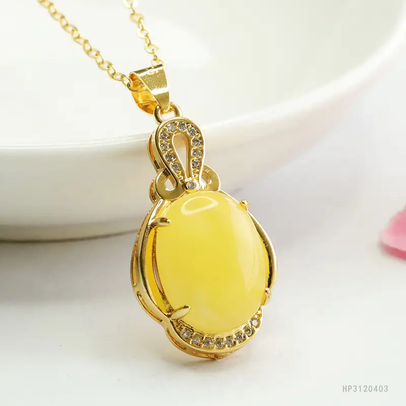 Guan Yu Yellow Amber Pendant Necklace for Women