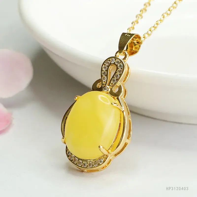 Guan Yu Yellow Amber Pendant Necklace for Women