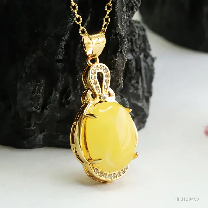 Guan Yu Yellow Amber Pendant Necklace for Women