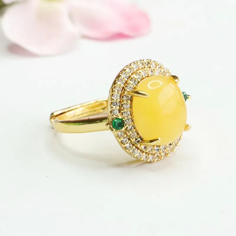 Guan Yu Natural Amber Ring with Green Stones