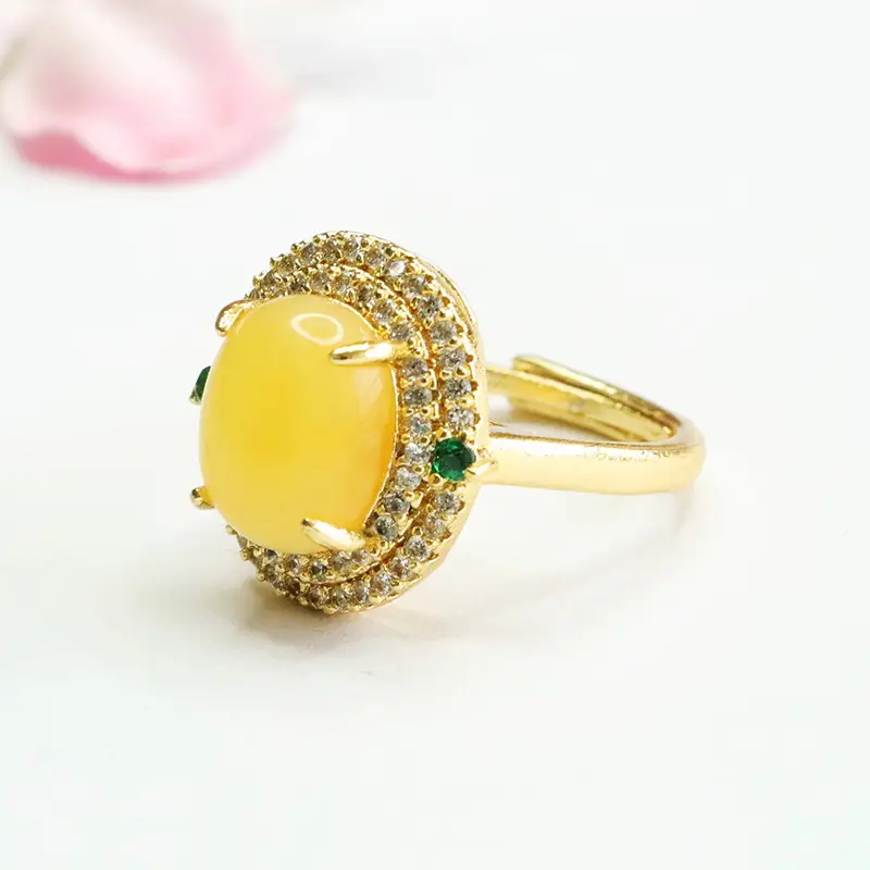Guan Yu Natural Amber Ring with Green Stones