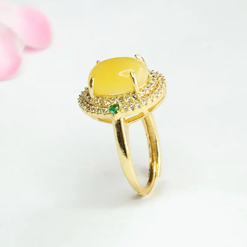 Guan Yu Natural Amber Ring with Green Stones
