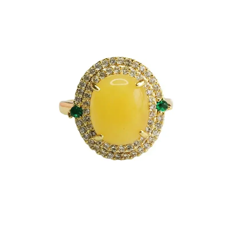 Guan Yu Natural Amber Ring with Green Stones