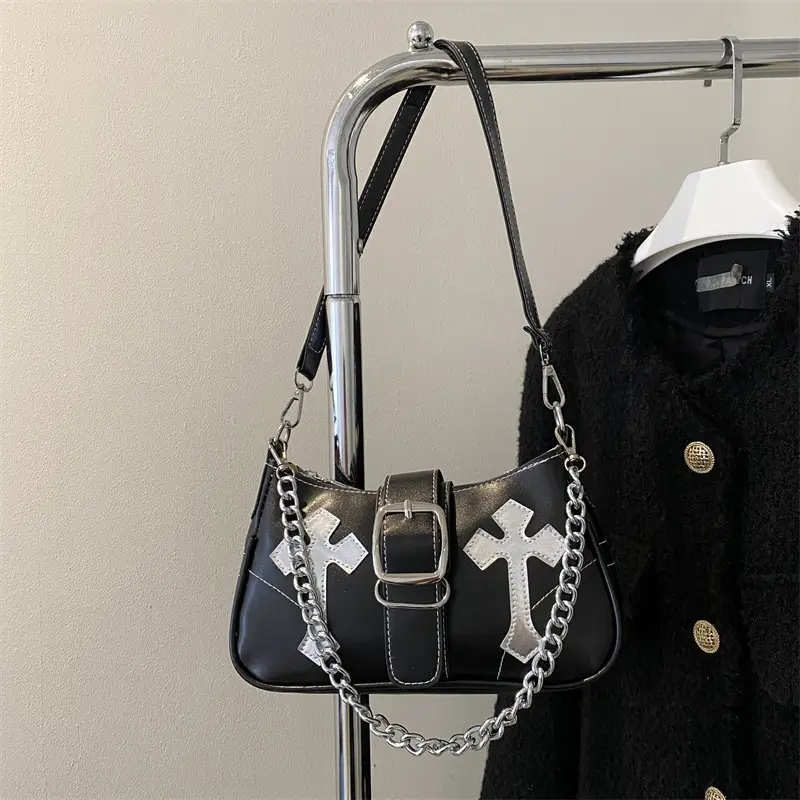 Black Cross Chain Shoulder Bag for Women 2023