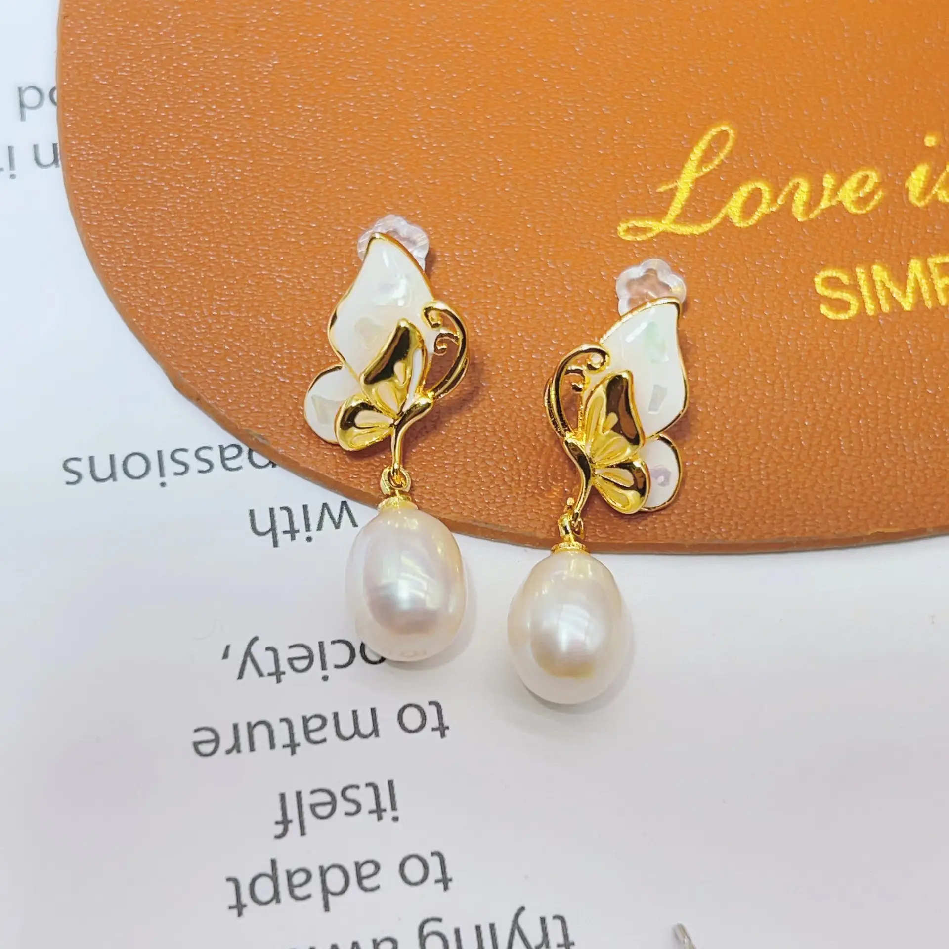 Gold Butterfly Pearl Earrings for Women - Image 3