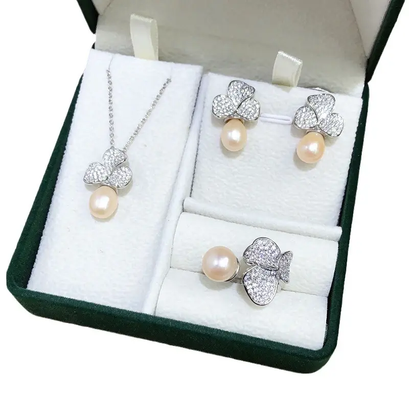 Three-piece Pearl Diamond Necklace Earrings Ring Set for Women - Image 9