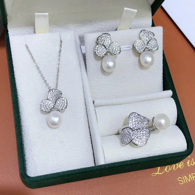 Three-piece Pearl Diamond Necklace Earrings Ring Set for Women - Image 2