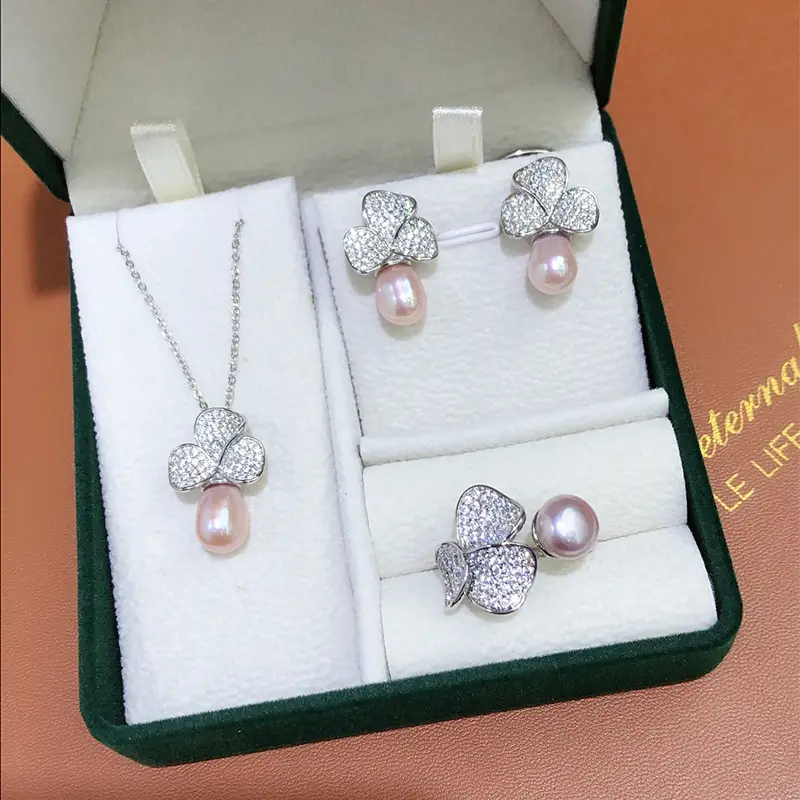 Three-piece Pearl Diamond Necklace Earrings Ring Set for Women - Image 3