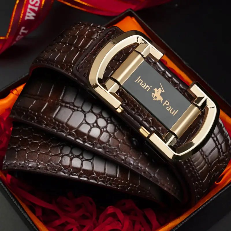 Jani Paul Men's Brown Croc Leather Belt with Gold Buckle