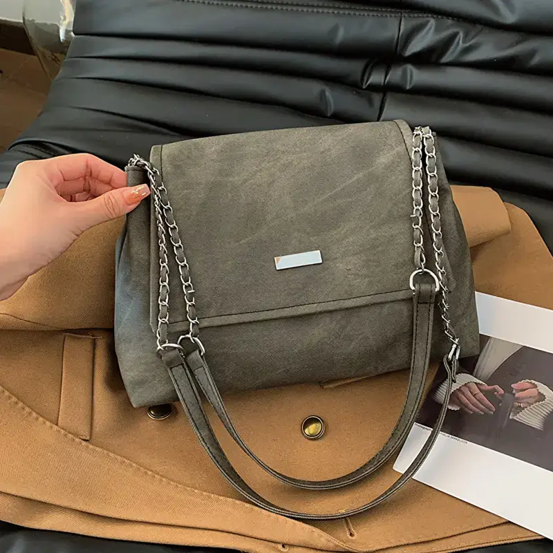 Korean Style Women's Grey Chain Shoulder Bag 2024 Winter - Image 6
