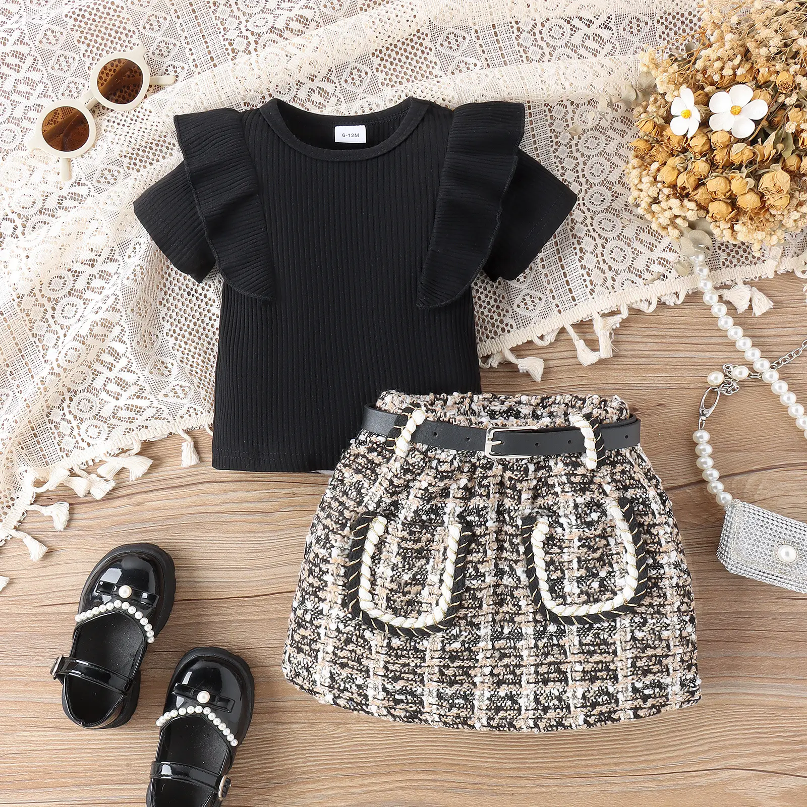 Girls Crossbody Dress Black Top Patterned Skirt with Belt