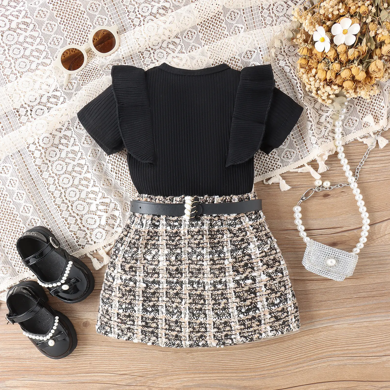 Girls Crossbody Dress Black Top Patterned Skirt with Belt