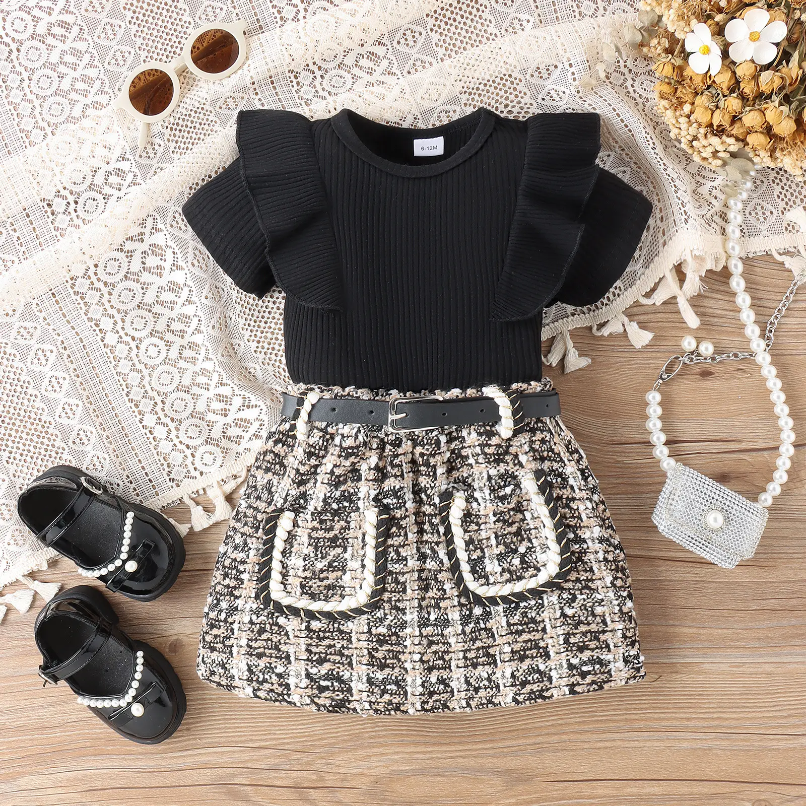 Girls Crossbody Dress Black Top Patterned Skirt with Belt — feature 7
