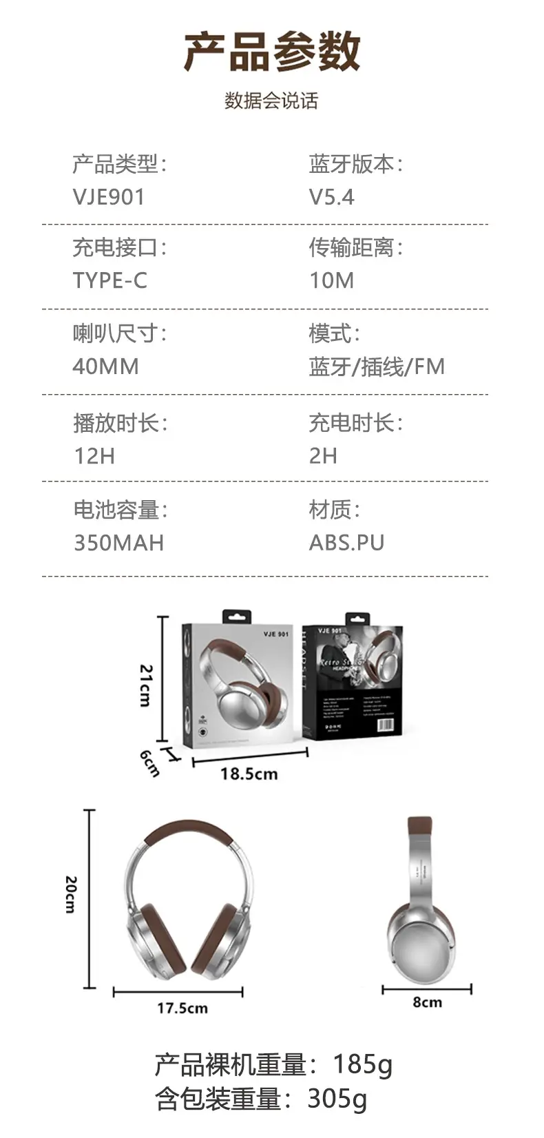 Vje901 Retro Metal Over-Ear Bluetooth Headset β feature 20
