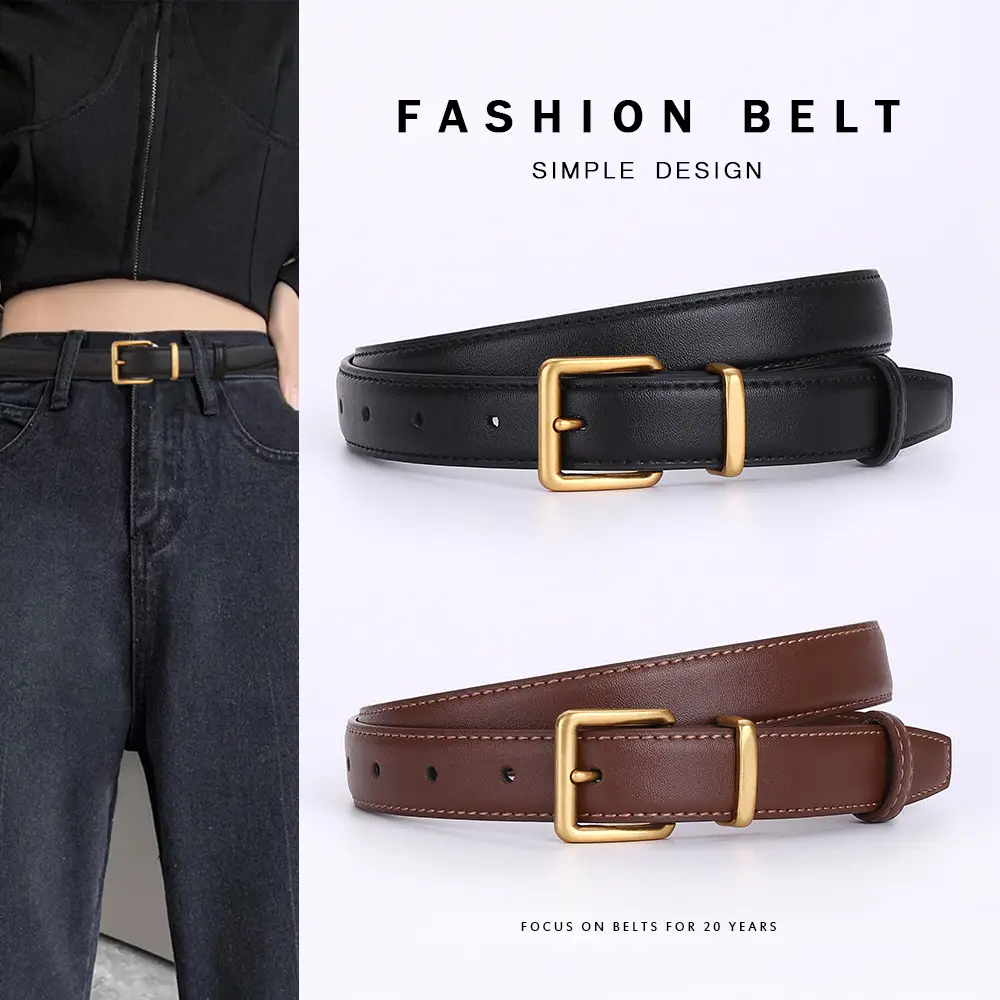 Women's Genuine Leather Belt Black Brown Gold Buckle 25cm