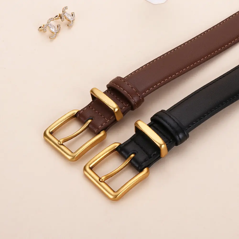 Women's Genuine Leather Belt Black Brown Gold Buckle 25cm