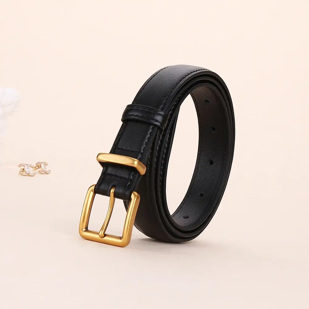 Women's Genuine Leather Belt Black Brown Gold Buckle 25cm