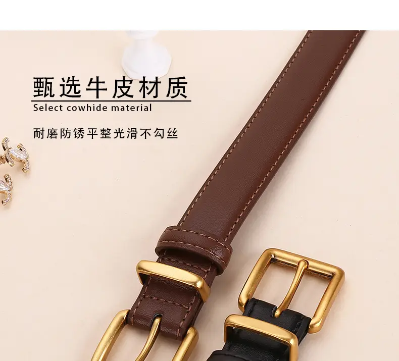 Women's Genuine Leather Belt Black Brown Gold Buckle 25cm — feature 10