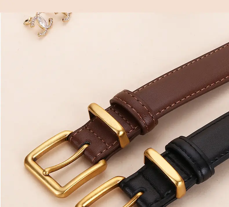 Women's Genuine Leather Belt Black Brown Gold Buckle 25cm — feature 16